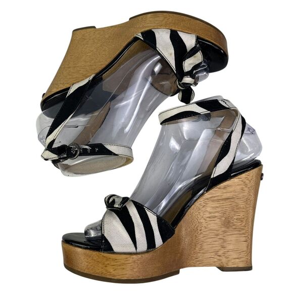 Michael Kors Wedge Woody Sandals Size 6.5 White Black Bow Ankle Strap - Picture 5 of 13